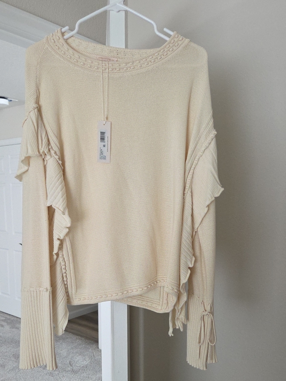 Rebecca Taylor Cream Ruffle-Trim Knit Crewneck Sweater